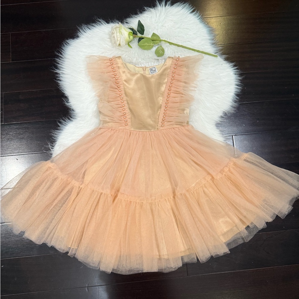 Chic Peach Satin Dress with Pearl Accents
